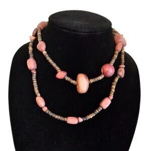 Vintage Mid Century Artist Made Single Strand Wooden Beaded necklace Pink Brown
